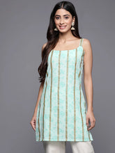 Sea Green & Gold Toned Striped Floral Printed Tunic-AHTUCRGL-8122